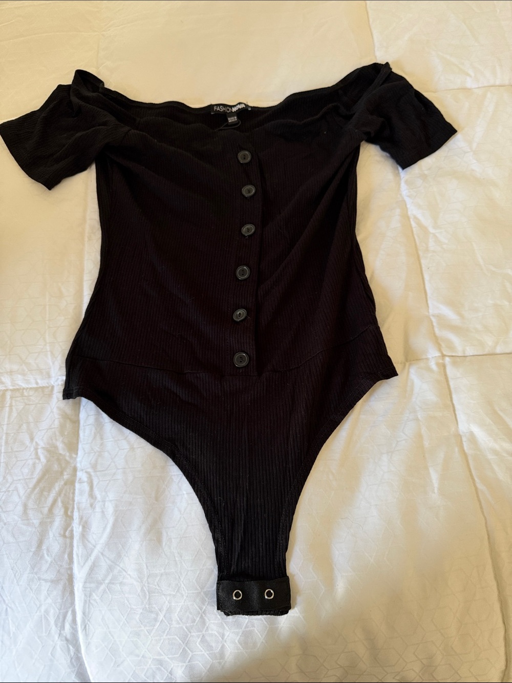 Fashion Nova Black Off-Shoulder Button-Front Ribbed Bodysuit